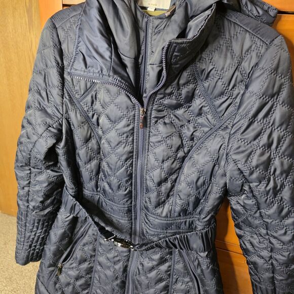 Laundry By Shelli Segal Quilted Jacket Coat Size Medium Navy Belted Hood Zip - Picture 4 of 16
